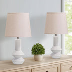 20 Inch White Ceramic Table Lamp Set of 2 with Oatmeal Fabric Shade, 3-Way Dimmable Small Bedside Lamp for Bedroom, Office, Living Room & Nightstand