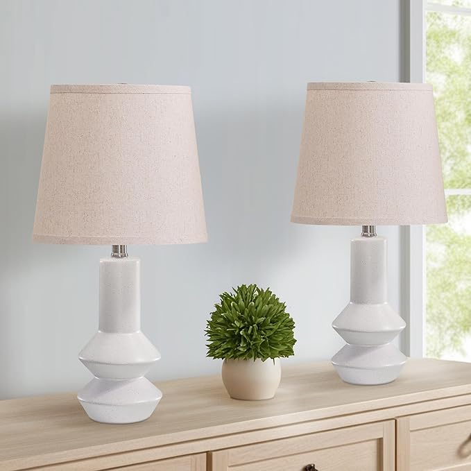 20 Inch White Ceramic Table Lamp Set of 2 with Oatmeal Fabric Shade, 3-Way Dimmable Small Bedside Lamp for Bedroom, Office, Living Room & Nightstand