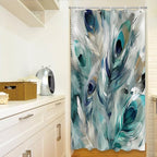 Vintage Peacock Feathers Stall Shower Curtain Modern Watercolor Peafowl Feather Shower Curtain Set with 6 Hooks 36x72 inch Polyester Machine Washable, Blue Grey and White