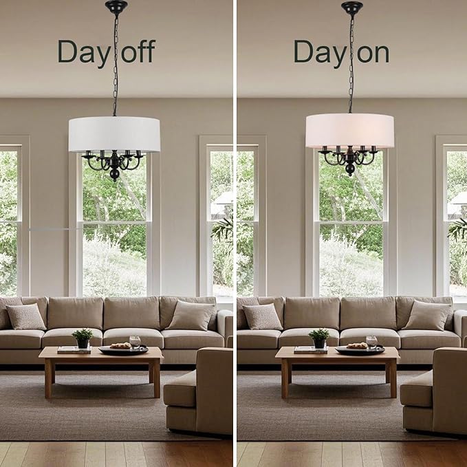 Modern Drum Chandelier Light Fixture 4-Light Black Drum Chandelier with Linen Shade 17.75" Chandelier for Dining Room, Living Room, Bedroom,Kitchen Island, E12