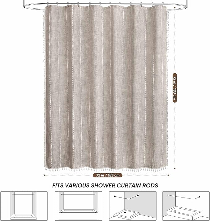 WELTRXE Boho Shower Curtain with Tassel Modern Farmhouse Shower Curtain Set, Rustic Bathroom Decor, Heavy Duty Fabric Water Repellent with Hook, Taupe, 72x72 Inches
