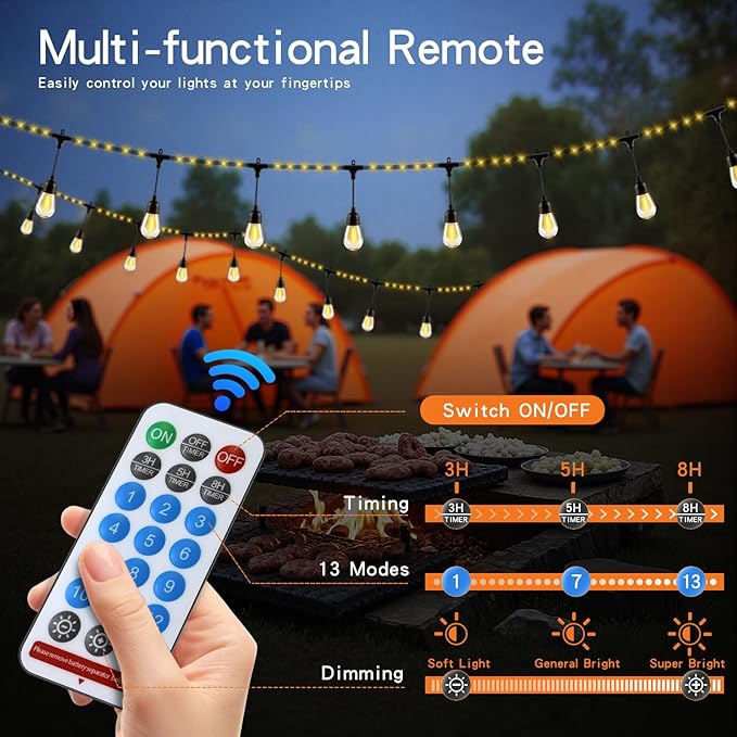 63FT Multi-Function Solar LED String Lights for Outdoor Use - 13 Lighting Modes | Waterproof IP65 | Remote Timer | Perfect for Christmas Decor | Warm White | Transparent Wire Design