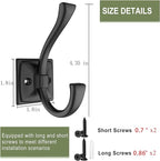 2 Pack Antique Black Coat Robe Hooks for Wall Hanging Hat, Key, Bag, Robe, Towel, Mudroom Hook Entrance Bathroom Door Decorative Heavy Duty Hats Hanger