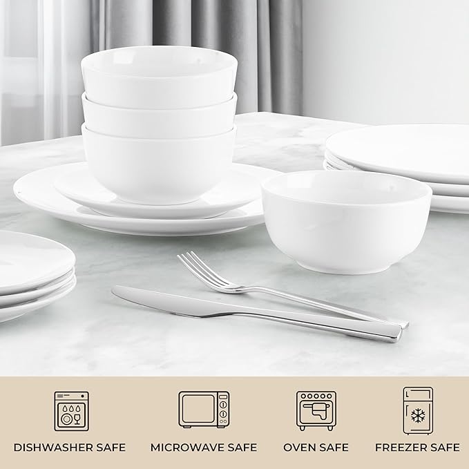 Zulay Kitchen Icon Porcelain Dinnerware Set, Service For 4 - Chip & Scratch Resistant White Plates And Bowls Sets - Microwave & Dishwasher Safe - White