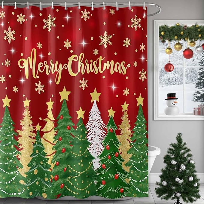 Christmas Shower Curtain, Merry Christmas Shower Curtains Set with Hooks, Gold Star Xmas Tree Snowflakes Waterproof Bathroom Curtains Xmas Holiday Decor Home Accessories,72 X 84 Inch Extra Long