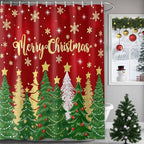 Christmas Shower Curtain, Merry Christmas Shower Curtains Set with Hooks, Gold Star Xmas Tree Snowflakes Waterproof Bathroom Curtains Xmas Holiday Decor Home Accessories,72 X 96 Inch Extra Long