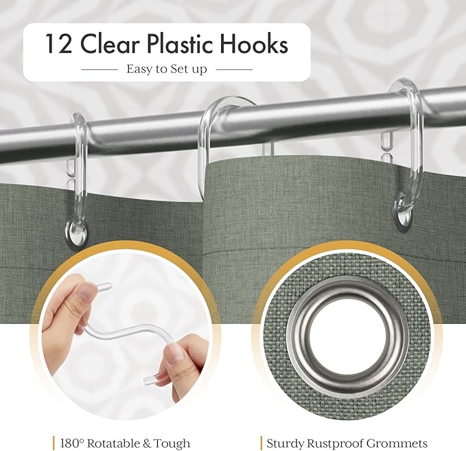 AmazerBath Farmhouse Shower Curtain, Sage Green Linen Shower Curtain with 3 Side Green Tassel, Boho Shower Curtain Set with 12 Upgraded Hooks for Neutral Country Bathroom, 72x72 Inches