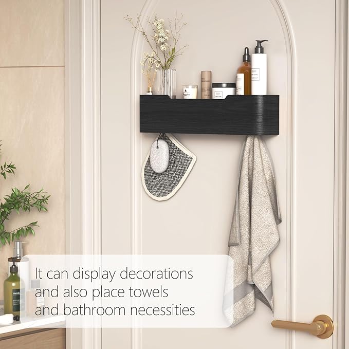 Coat Rack Wall Mount with Hidden Hooks Entryway Hanging Shelf Modern Wood Coat Hanger for Bedroom Kitchen Hallway Bathroom (Black,16.6 Inch Long)