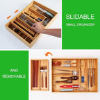 Double Layer Bamboo Kitchen Drawer Organizer Cutlery Utensil Silverware Drawer Organizer, Large Silverware Tray for Drawer Removable Utensil Holder Flatware Organizer Multi-use Storage Box
