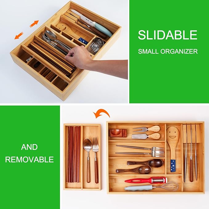 Double Layer Bamboo Kitchen Drawer Organizer Cutlery Utensil Silverware Drawer Organizer, Large Silverware Tray for Drawer Removable Utensil Holder Flatware Organizer Multi-use Storage Box