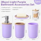 iMucci Bathroom Accessories Set 5Piece Light Purple Bathroom Sets, Toothbrush Holder, Toothbrush Cup, Lotion Soap Dispenser, Soap Dish and Qtip Holder Bathroom Decor