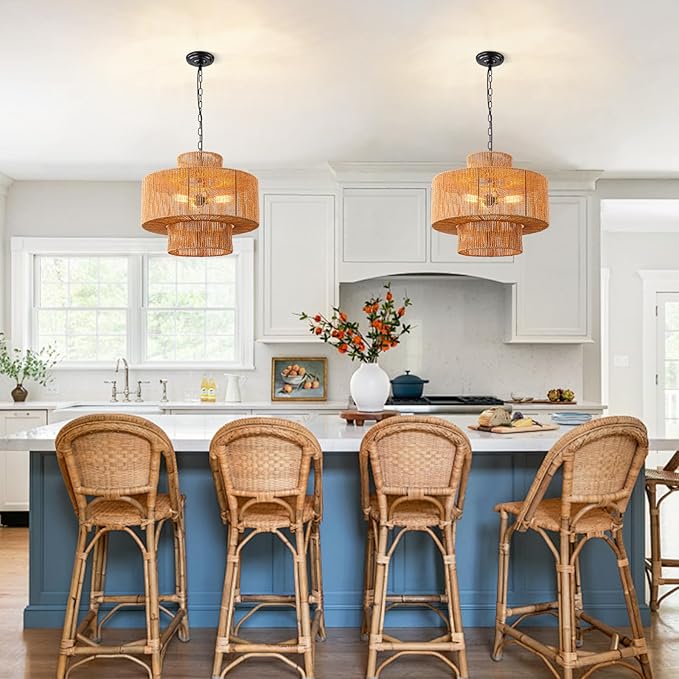 Large Rattan Pendant Light Fixture Dinning Room Chandelier Boho Hanging Light 3-light Chandelier Basket Lamp Shade Hand Woven Pendant Light for Kitchen Island Hallway Bedroom Farmhouse Living Room