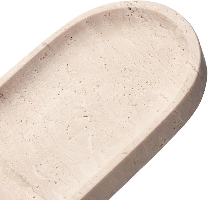 Oval Travertine Stone Tray for Jewelry, Candles, Perfume, Decorative Marble Bathroom Tray for Countertop Organizer 11.8inch x 4.3inch x 0.7inch