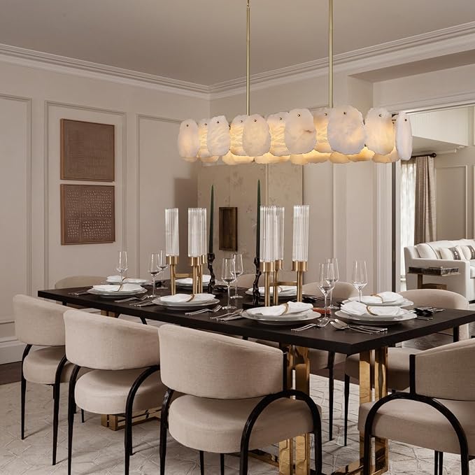 Rectangle Alabaster Chandelier, L43in Modern Spanish Marble Dining Room Chandelier Over Table, Adjustable Long Chandeliers for Living Room, Alabaster Chandeliers for Kitchen Island, Foyer, Entryway