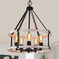 5-Light Farmhouse Chandelier, 17.7 Inch Rustic Black and Vintage Wood Finish Chandeliers for Dining Room Light Fixture, Adjustable Height Hanging Light for Kitchen Island, Entryway, Living Room