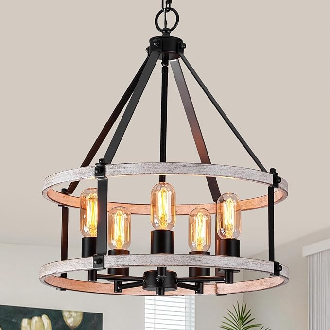 5-Light Farmhouse Chandelier, 17.7 Inch Rustic Black and Vintage Wood Finish Chandeliers for Dining Room Light Fixture, Adjustable Height Hanging Light for Kitchen Island, Entryway, Living Room