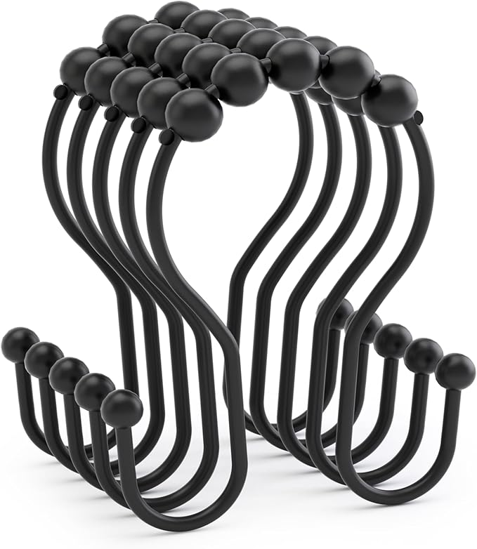 AmazerBath Shower Curtain Hooks Black Shower Curtain Rings, Metal Shower Curtain Hooks Rust Proof, Smooth Glide Double Shower Hooks Rings for Shower Curtain, Shower Rod Hooks 12Pcs
