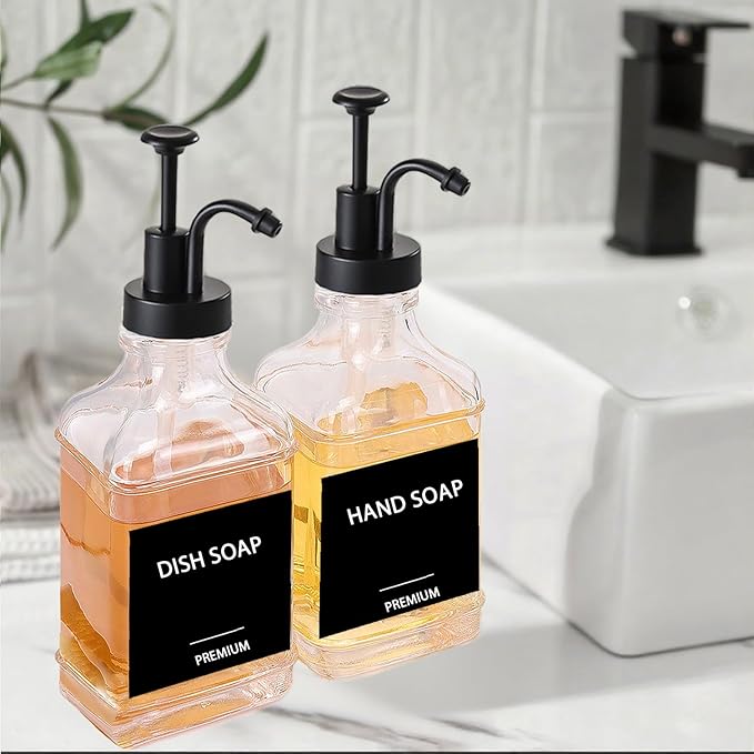 Dish Soap Dispenser for Kitchen, Hand Glass Soap Dispenser Set with Pump, Funnel for Bathroom, Shower, Laundry, Liquid, Lotion (Black 2 Pack 18 Oz Clear Bottles with 12 Stickers)