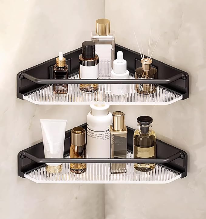Corner Shower Caddy, 2 Pack Adhesive Bathroom Shelves，Acrylic Shower Shelf Rack, No Drilling Bathroom Organizers and Storage Racks,Black