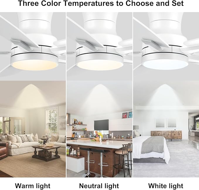 YUHAO 52 Inch Flush Mount White Ceiling Fan with Light and Remote Control.Noiseless,Dimmable,3CCT,6 Speeds Reversible, Low Profile DC Ceiling Fans for Indoor Use