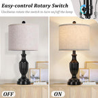 TOBUSA Farmhouse Living Room Table Lamps Set of 2, Matte Black Rustic Vintage Table Lamps for Bedroom Nightstand, Antique Bedside Desk Lamps with Linen Shade, 22’’ Small Resin Lamp Sets for End Table