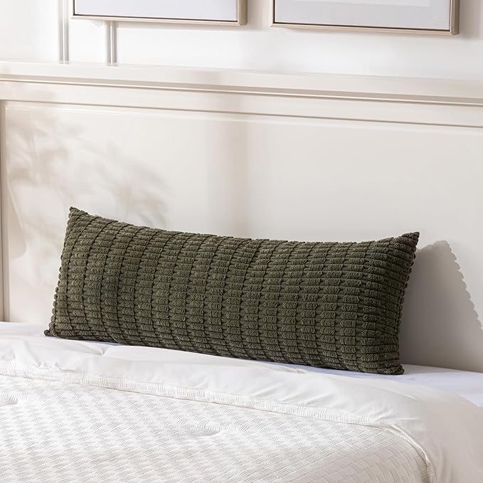 Fancy Homi Olive Green Long Body Lumbar Decorative Throw Pillow Covers 20x54 Inch for Bed Couch Bedroom, Soft Corduroy Rectangle Solid Pillow Case 50x137 cm, Rustic Farmhouse Boho Room Decor