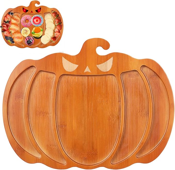 Ciieeo Halloween Pumpkin Charcuterie Board,14.9x11.4 Inches Pumpkin Shaped Serving Platter Sectional Bamboo Pumpkin Dish Plate for Fall Autumn Halloween Party,Thanksgiving Cheese Turkey Board