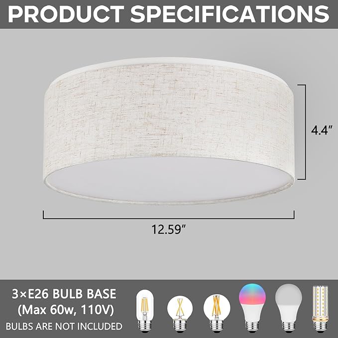 Luupyia 3-Lights Drum Ceiling Light Fixture 12.6 Inches, Vintage Unique Semi Flush Mount Ceiling Lighting with Fabric Drum Shade, Farmhouse Chandeliers for Bedroom, Hallway, Entry, Foyer E26 60W