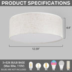 Luupyia 3-Lights Drum Ceiling Light Fixture 12.6 Inches, Vintage Unique Semi Flush Mount Ceiling Lighting with Fabric Drum Shade, Farmhouse Chandeliers for Bedroom, Hallway, Entry, Foyer E26 60W