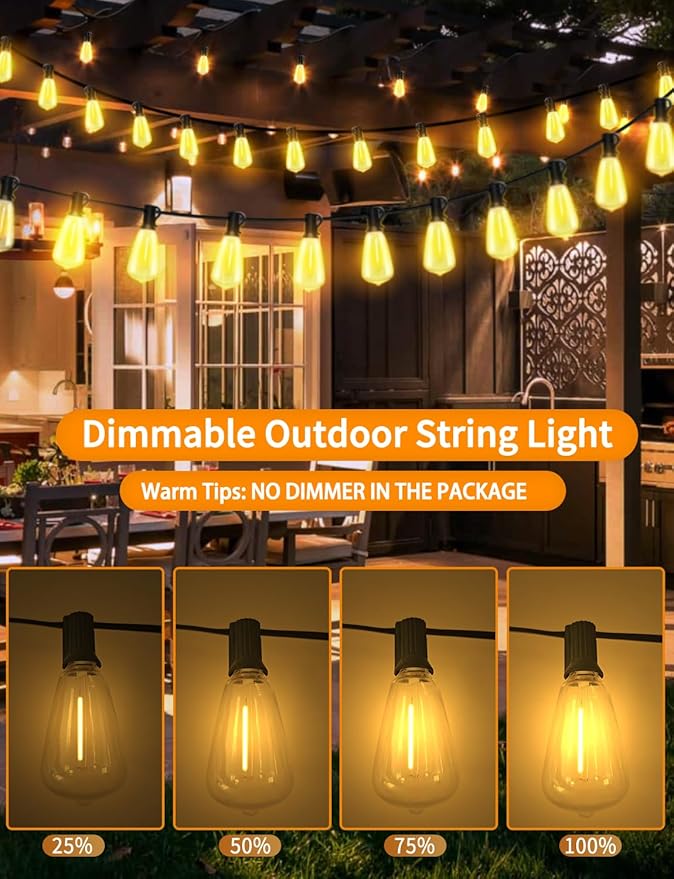 LED Outdoor String Lights 200ft ST38 Waterproof Patio Lights with 106 Vintage Shatterproof Bulbs(6 Spare), Dimmable Outside Hanging Edison String Lights for Backyard Porch Balcony Decor, Warm White