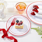 WELLIFE 210 Piece Red Plastic Dinnerware Set, Disposable Plates for Party,Include: 30 Dinner Plates, 30 Dessert Plates, 30 Pre Rolled Napkins with Gold Silverware and 30 Gold Cups