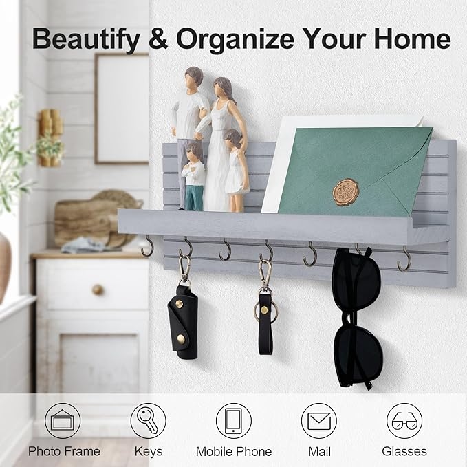 Key Holder Wall Mount, Entryway Mail Organizer with Shelf, Decorative Key Hanger with 7 Hooks Holds Leashes and Glasses, Includes Mounting Hardware (13.8” x 5.3” x 3.2”)