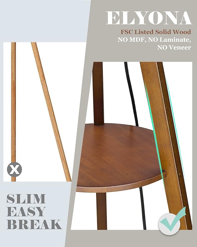 ELYONA Solid Wood Tripod Floor Lamp 3 Color Temperatures LED Blub Tall Standing Light with Table Mid Century Modern Corner Reading Floor Lamp for Living Room Bedroom Office Pull Chain Controls Brown