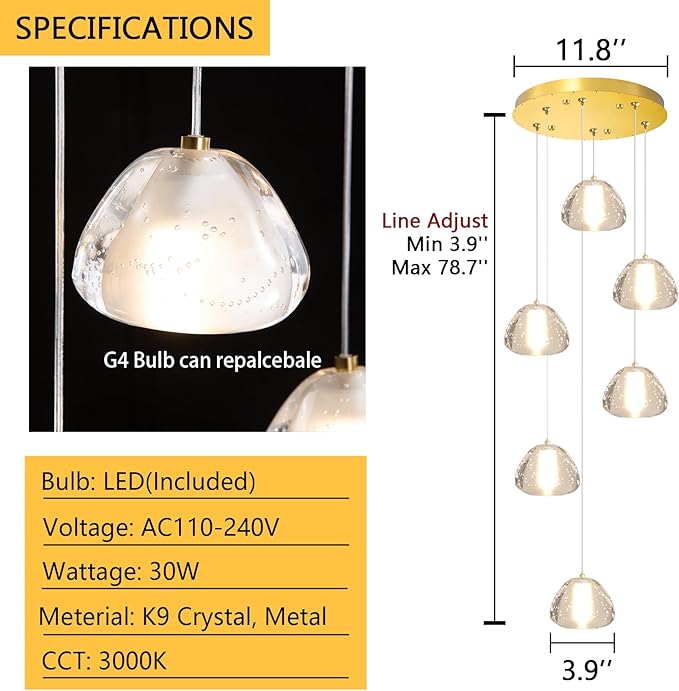 Mini Crystal Chandeliers for Kitchen Island 6-Lights LED Pendant Light for Dining Room Bedroom Foyer Entryway Warm Light 3000K Bulb Included