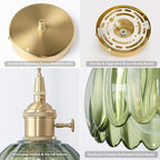 Mini Pendant Light 2 Pack with Green Tulip Glass Lmapshade, Brass Vintage Pendant Light Adjustable Hanging Light for Kitchen Island Dining Room Hallway