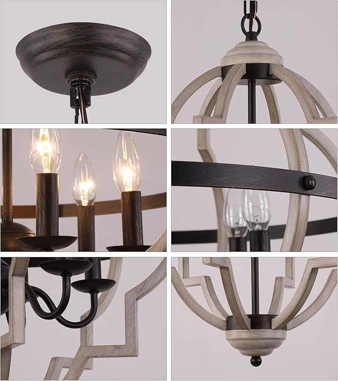 Q&S Rustic Antique Orb Chandelier Farmhouse Vintage 6-Lights Oak White Hanging Ceiling Light Fixtures for Foyer Dining Room Kitchen Living Room