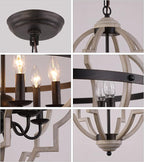 Q&S Rustic Antique Orb Chandelier Farmhouse Vintage 6-Lights Oak White Hanging Ceiling Light Fixtures for Foyer Dining Room Kitchen Living Room