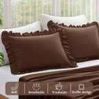 KKJIAF Ruffle Pillow Cases Standard Size Set of 2, Ruffled Pillow Covers with Envelope Closure, Wrinkle Resistant Ruffled Pillow Shams 20" x 26", Brown