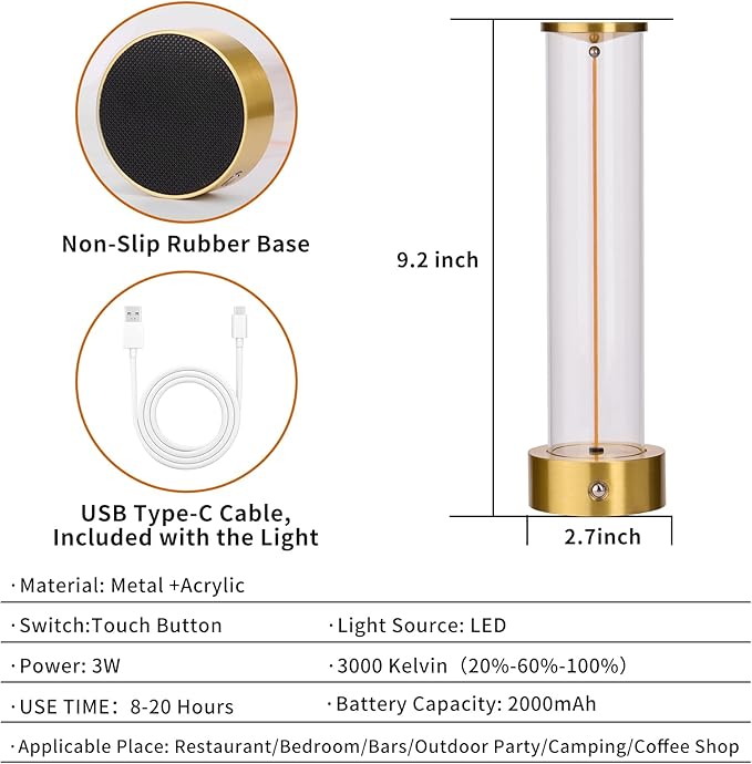 Cordless Portable LED Table Lamp， Rechargeable Battery Operated Desk Lamp with Touch Sensor, Three-Level Dimmable Suitable for Bars/Cafes/Restaurants/Bedrooms/Camping Sites. (Gold)