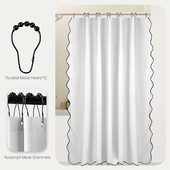 White and Black Scalloped Edge Shower Curtain Linen Textured with 12 Metal Hooks Cute Chic Heavy Duty Washable Waterproof Neutral Thick Shower Curtain Sets for Hotel Bathroom 72x72 inches