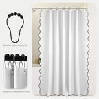 White and Black Scalloped Edge Shower Curtain Linen Textured with 12 Metal Hooks Cute Heavy Duty Washable Waterproof Neutral Thick Extra Long Chic Shower Curtain Sets for Hotel Bathroom 72x84 inches