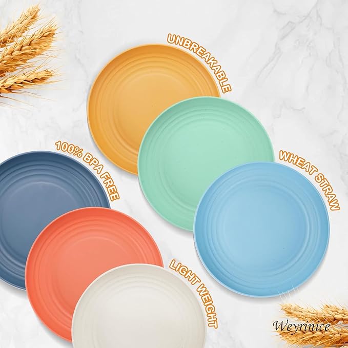 12PCS Unbreakable Dinner Plates, Dishwasher & Microwave Safe Plastic Plates Reusable, Lightweight Wheat Straw Plates for kitchen (Dopamine, 9 IN)