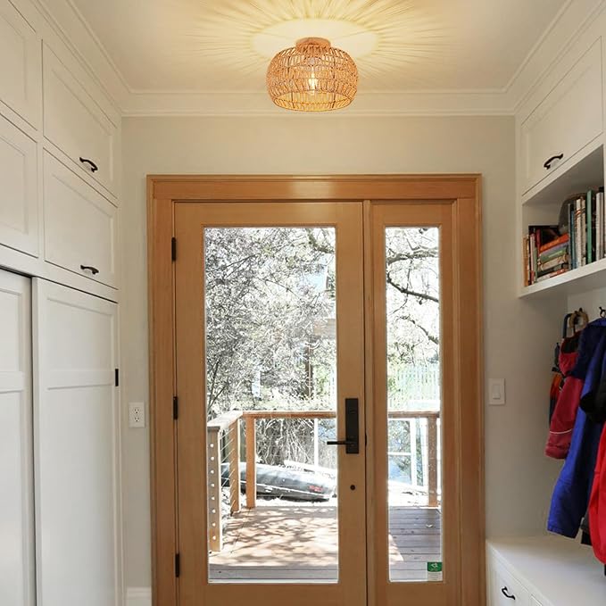 Boho Ceiling Light Fixtures Rattan Chandelier Bedroom Light Small Rattan Flush Mount Ceiling Light Hand-Woven Chandelier for Nursery Light Kitchen Farmhouse Chandeliers