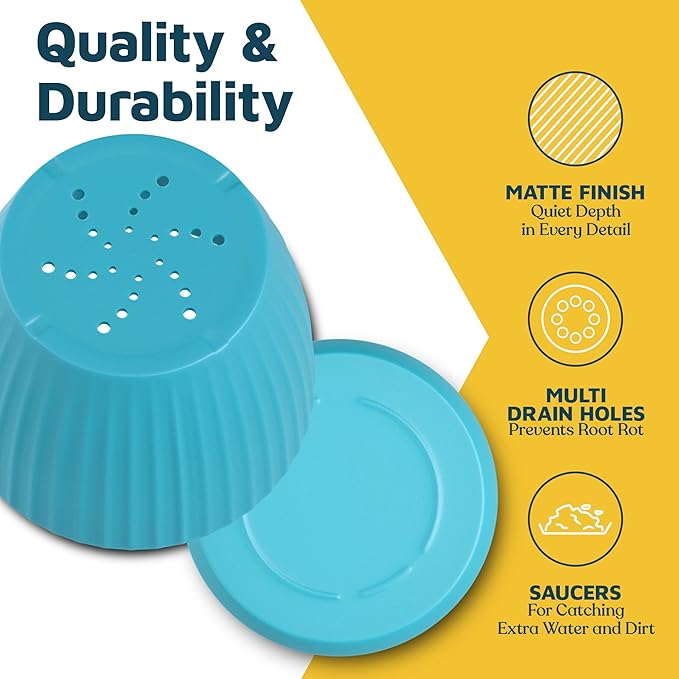 Blue 6-Inch Plant Pots with Drainage & Saucers 3 Pack, Indoor & Outdoor Planters for Houseplants, Herbs, and Flowers, Durable & Weatherproof Material, Stackable, Lightweight, Minimalist Design