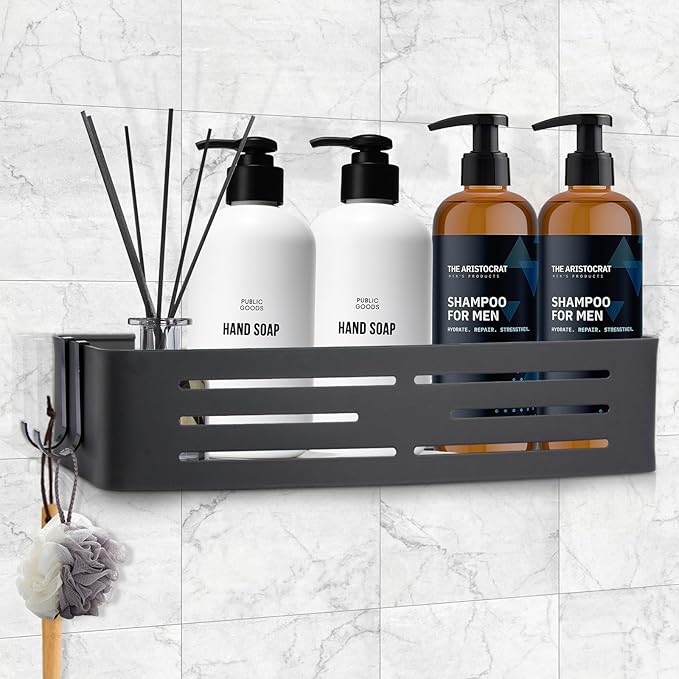 Shower Caddy Shelf Rack, Self Adhesive Shower Shelves with Hooks, Rustproof Bathroom Organizers and Storage, Home Decor Accessories (Rectangle-Black)