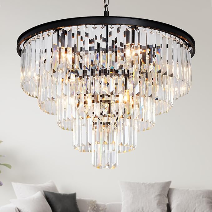 Black Crystal Chandeliers for Dining Room, 27.6" Modern Luxury Chandelier 5-Tier 10 Lights Contemporary Top K9 High Ceiling Pendant Light Fixture for Staircase Dining Living Room Foyer