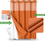 Extra Long No Hooks Needed Linen Textured Shower Curtain with Snap-in Fabric Liner Set,White Hotel Luxury Decor Shower Curtains for Bathroom,Waterproof & Washable,71Wx86H,Burnt Orange