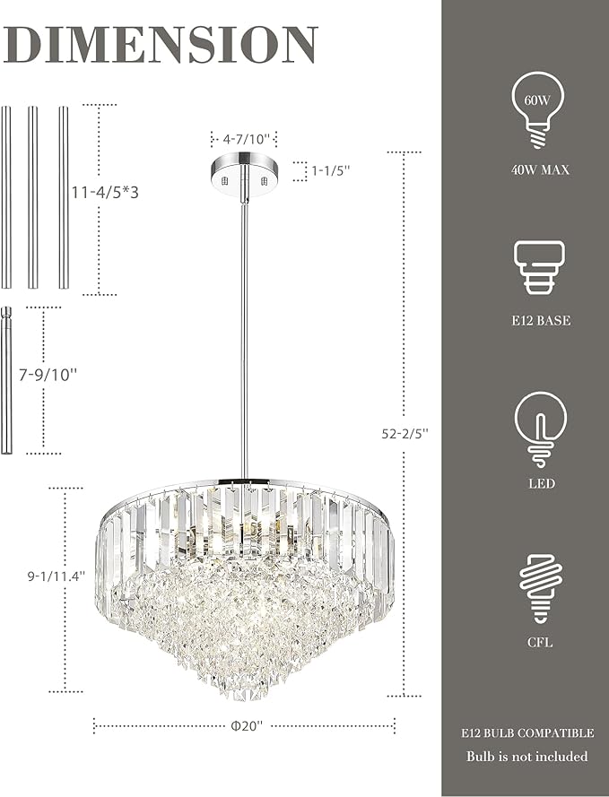 20'' Modern Chandelier,7-Tier Crystal Chandeliers, Pendant Lights Kitchen Island for Dining Room Living Room Bedroom Entryway, CC4215-7W-PC