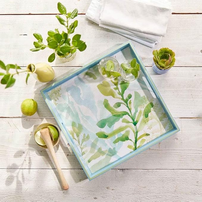 rockflowerpaper Sea Kelp 15inch Square Lacquered Wooden Serving Tray with Handles, Coffee Table Ottoman Tray for Dining. for Food, Drinks, Cocktail, Great for Parties, Entertaining & Gift