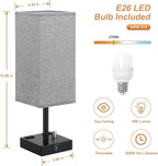 Gray Fully Dimmable Nightstand Lamps Set of 2 - Table Bedside Lamp with USB C+A Charging Ports & 2 AC Outlets, Square Lamp Sets Linen Fabric Shade for Bedroom Living Room(Bulb Included)